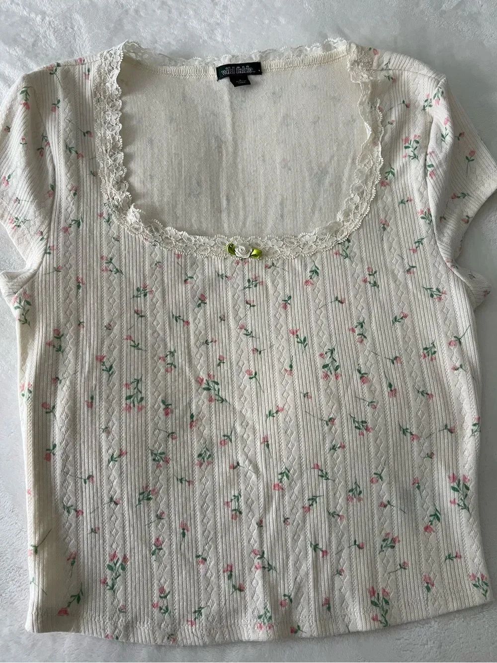 Wild Fable milk tea Cream Floral Lace-Trim Crop Top with Pink Roses size S